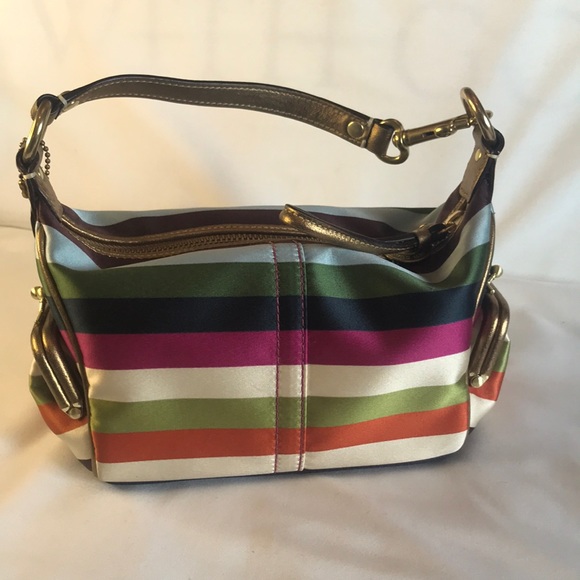 Coach Handbags - COACH stripe Legacy Double Header Kiss Lock Metallic Bronze Leather Bag